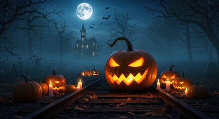 Halloween Night Jackolanterns on a Spooky Railroad Track