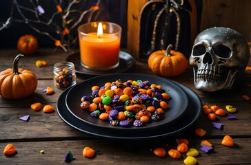 Flat lay of Halloween party supplies on wooden table — plates, confetti, candies.