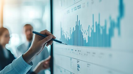 AI algorithm drawing trend lines and business forecasts on digital whiteboard, focus on glowing interface and fingertip gestures