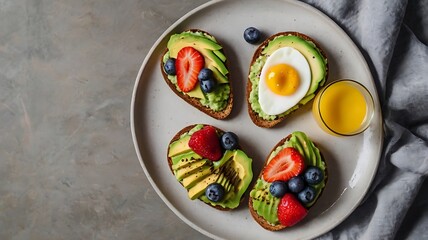 A plate of avocado toasts topped with fresh fruits and a fried egg is ready for a healthy breakfast