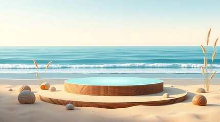 Empty wooden podium with blue surface on sandy beach with ocean waves and sky