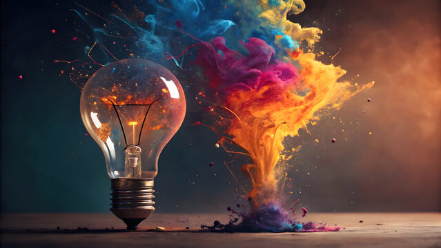 Light bulb exploding with vibrant colorful smoke and particles symbolizing creativity and ideas