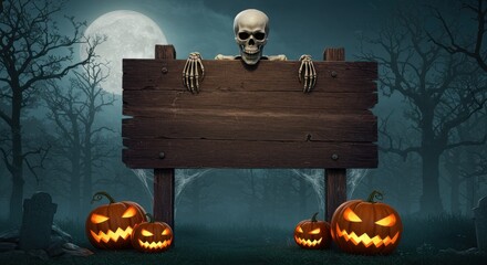 Spooky Halloween Scene Blank Wooden Sign with Skeleton Pumpkins and Graveyard Setting for Autumnal Design