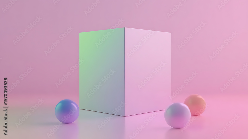 Poster abstract minimalist scene: cube and spheres in soft, pastel hues, creating a calming and modern comp