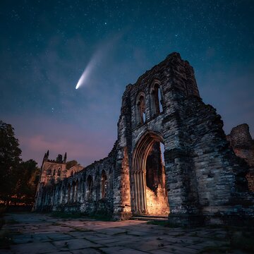 The night sky and Comet Neowise C / 2020 over the ruined Kirkstall Abbey. Leeds city. UK .