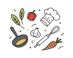 Cute Cartoon Cooking Ingredients and Utensils Illustration