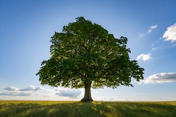 Obraz premium A solitary tree stands tall in a grassy field under a bright blue sky with scattered clouds.