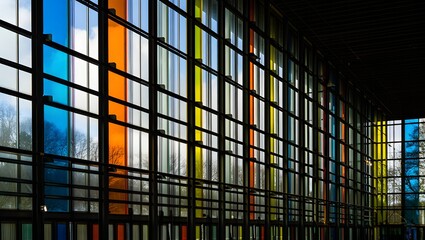 Colorful Geometric Glass Window in Modern Building Interior