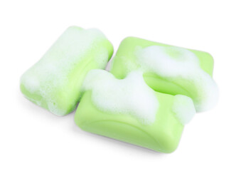 Soap bars with foam isolated on white