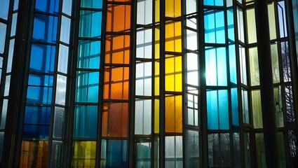 Colorful Geometric Glass Window in Modern Building Interior