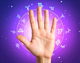 Hand outstretched over a cosmic zodiac chart