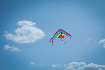 Colorful kite flying in blue sky, low angle view. Space for text