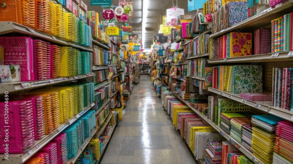 Poster a brightly lit aisle of a store with a rainbow of books on the shelves. the books are arranged in a 