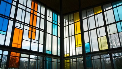 Colorful Geometric Glass Window in Modern Building Interior