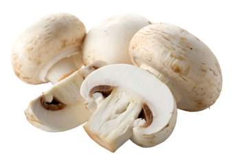 Fresh white button mushrooms cut and whole isolated on transparent background