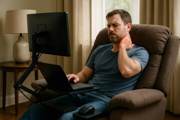 Freelancer experiencing neck pain while working from home in a bad posture, highlighting the importance of ergonomics