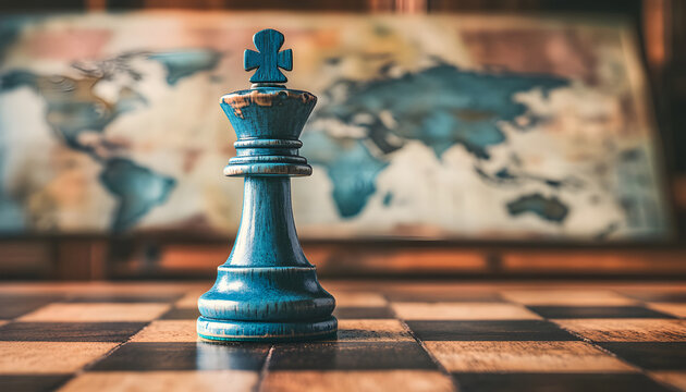 Chess king piece on chessboard with world map background. Strategic business leadership concept. Geopolitical strategy planning and global challenges, competition, teamwork, decision making