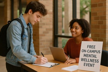 College student signing up for a free mental wellness event on campus, promoting mental health awareness and support services for students