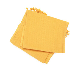 Yellow beach towel isolated on white, top view