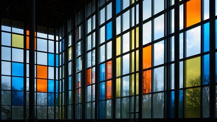 Colorful Geometric Glass Window in Modern Building Interior