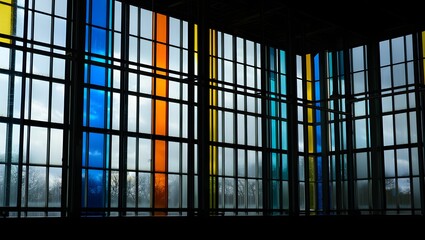 Colorful Geometric Glass Window in Modern Building Interior