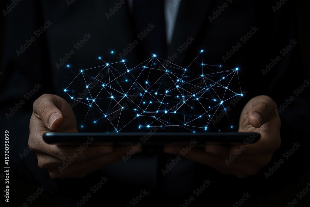 Poster man in suit holds digital tablet displaying glowing network connections