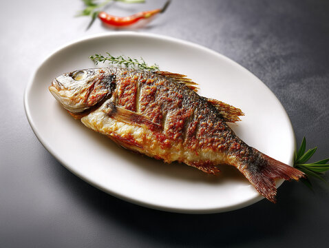 High-resolution photo of whole roasted carp (sazan) from a slight side angle, highlighting crispy golden crust and fish shape. Minimalist style, white background, focus on texture, shallow depth of fi