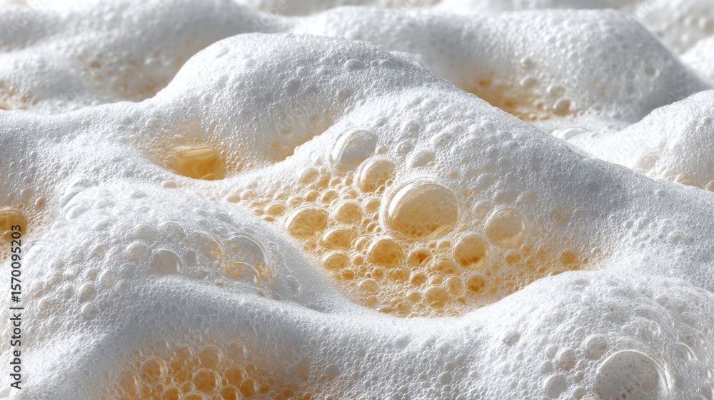 Poster close up of frothy beer foam reveals a rich texture with bubbles in a refreshing beverage. this vivi
