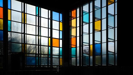 Colorful Geometric Glass Window in Modern Building Interior