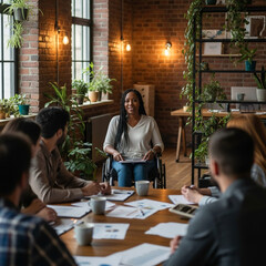 Black woman leading team meeting in creative coworking space