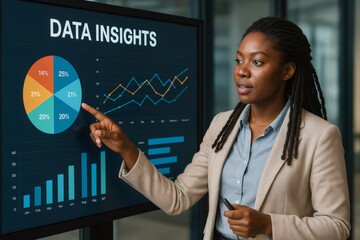 Businesswoman illustrating data insights, explaining diagrams and charts on a digital whiteboard during a presentation in a modern office