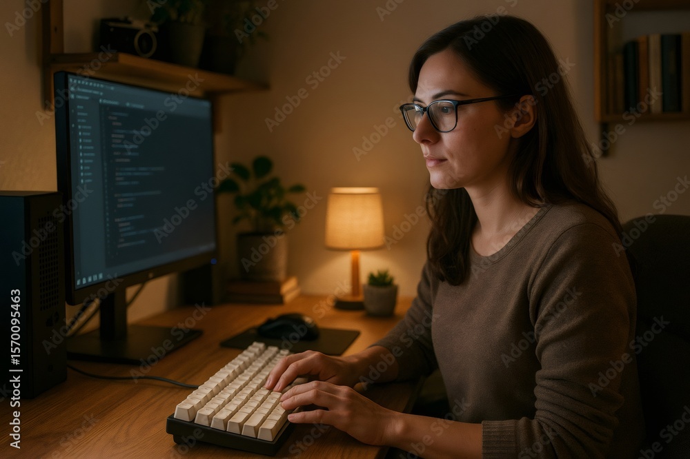 Poster woman programmer immersed in coding on a computer in a cozy home office, surrounded by warm light an
