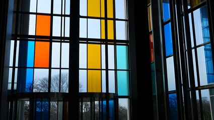 Colorful Geometric Glass Window in Modern Building Interior