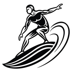Black and White Surfer Riding a Wave Stylized Vector Illustration Ocean Sport Action Graphic Design
