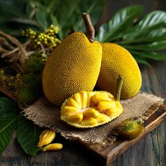 Fresh Jackfruit with Yellow Flesh on Rustic Wooden Table Surrounded by Natural Elements .