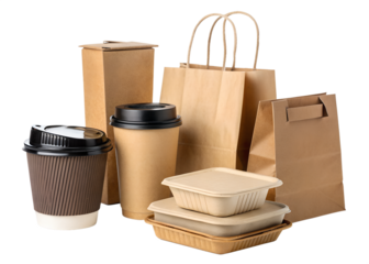 Collection of kraft paper food packaging and coffee cups isolated on transparent background