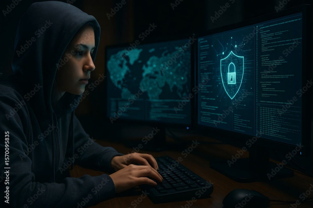 Poster focused cybersecurity expert analyzing data on dual screens, ensuring network protection and threat 