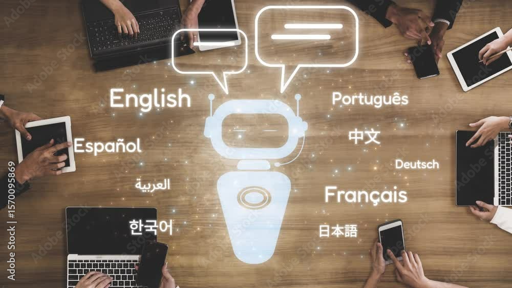 Poster global communication with multiple languages, digital translation tools, multilingual technology, cr