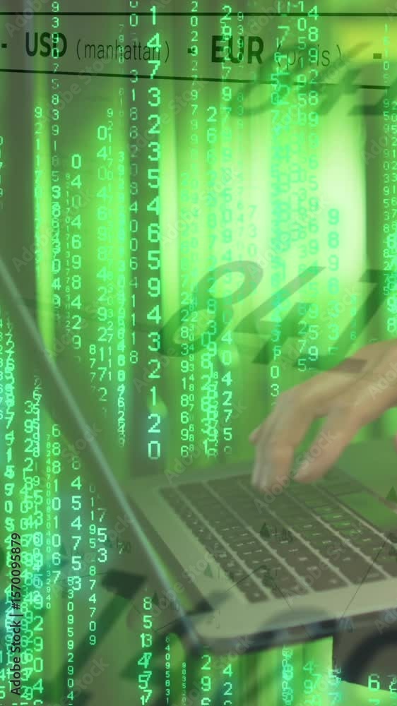 Poster animation of data processing over african american man using laptop by computer servers