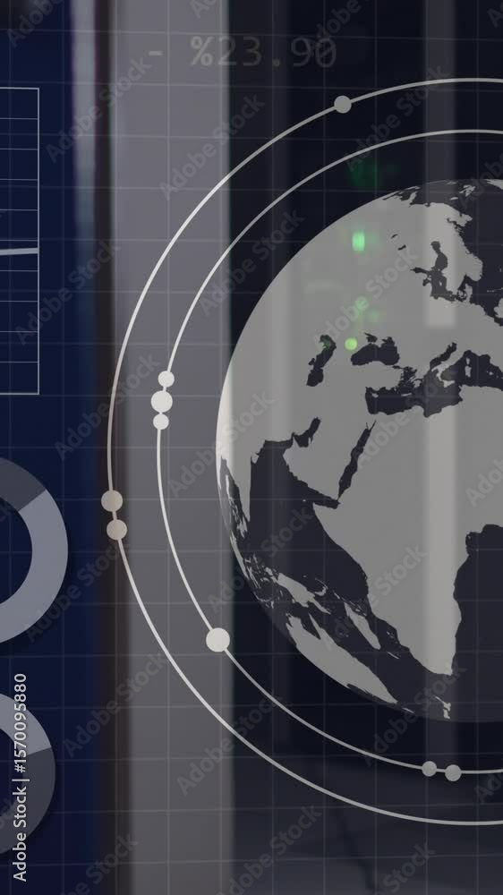 Poster animation of globe and data processing over computer servers