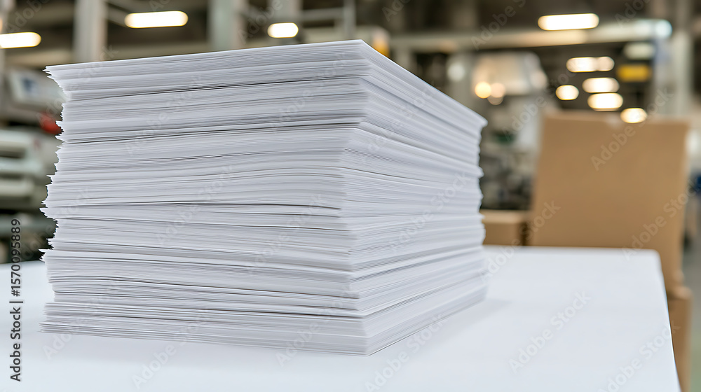 Poster a large stack of plain white paper sits on a table. the papers are neatly piled and ready for use in