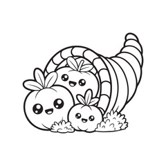 Pumpkin, Scarecrow, and Cornucopia – Cute Fall Coloring Page for Kids, cute seasonal coloring page, autumn harvest coloring, thanksgiving coloring sheet, fall coloring page kids, easy bold line art, 