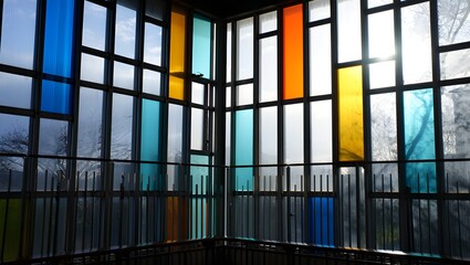 Colorful Geometric Glass Window in Modern Building Interior