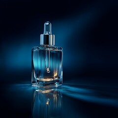 Glass dropper bottle with elegant design on dark blue background for cosmetic and product display .