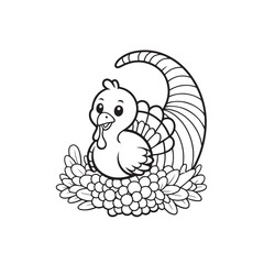 Pumpkin, Scarecrow, and Cornucopia – Cute Fall Coloring Page for Kids, cute seasonal coloring page, autumn harvest coloring, thanksgiving coloring sheet, fall coloring page kids, easy bold line art, 