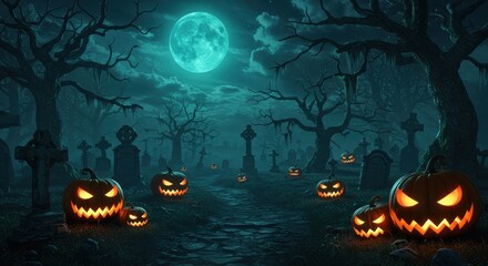 Eerie Halloween Graveyard Scene Spooky Night Background