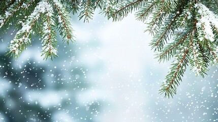 Obraz premium Pine Tree Branches with Green Leaves and Falling Snow, Blurred Background, Banner Format, Natural Winter Macro Photography