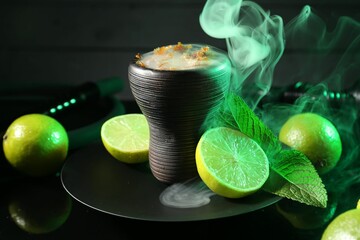 Hookah bowl with limes, mint and smoke on black table, closeup