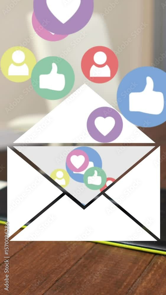Poster digital icons floating out of envelope against view of office desk