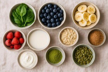 Spinach, yogurt, blueberries, bananas, strawberries, milk, oats, brown sugar, matcha and pumpkin seeds arranged on a table, ready to be blended into a healthy smoothie